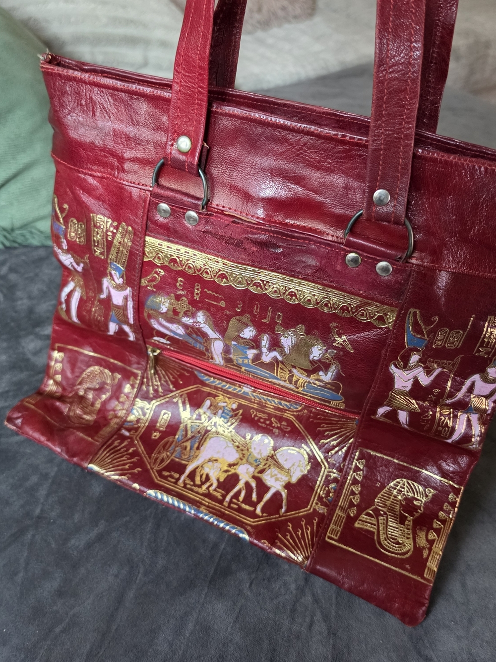 Red Egyptian Motif Leather Tote Bag - Unbranded